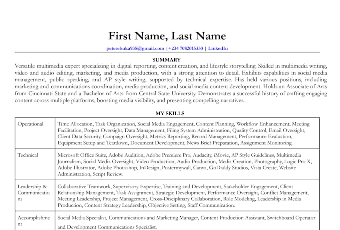 write a professional ats friendly resume by a recruiter